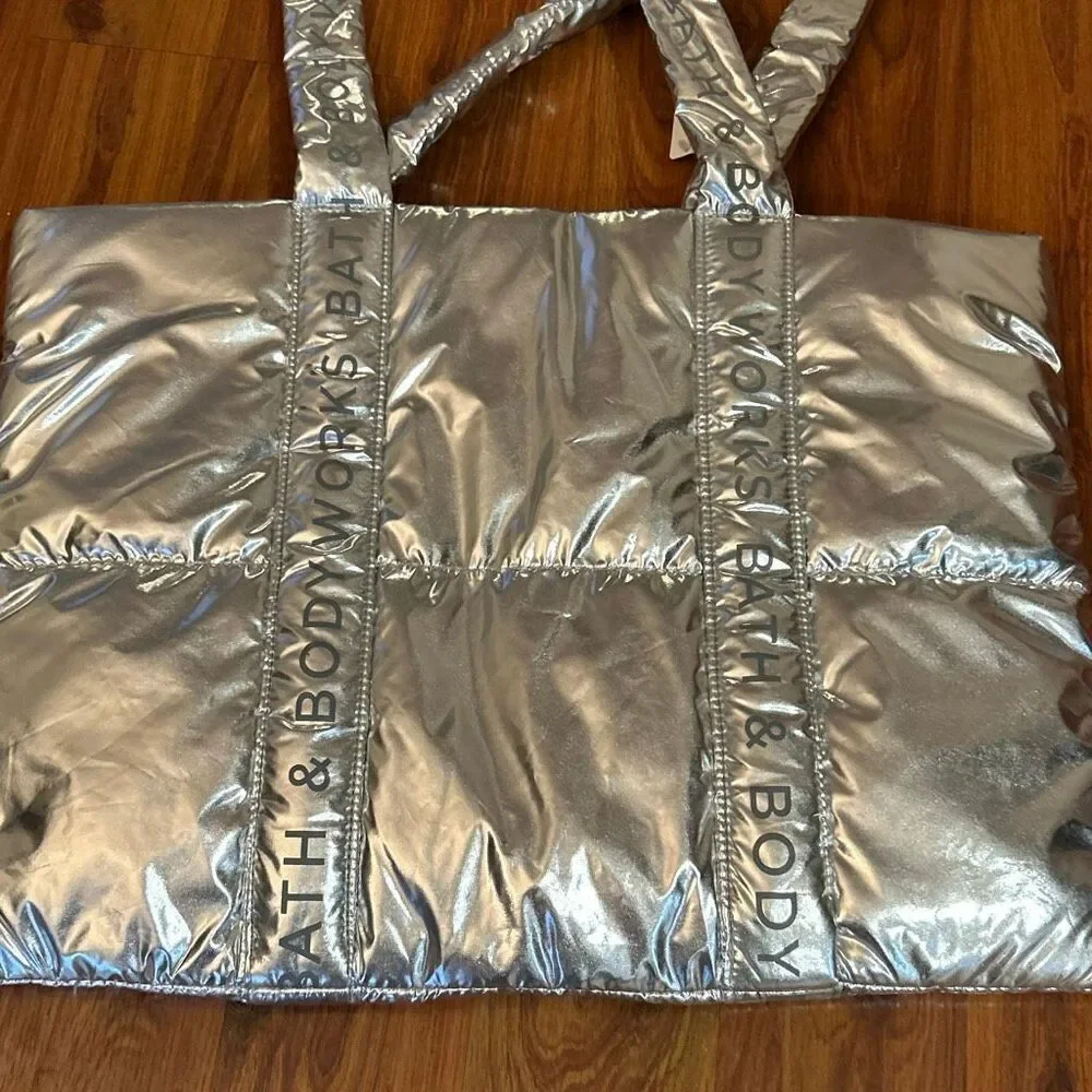 NWT Bath & body Works silver puffer large quilted tote bag new